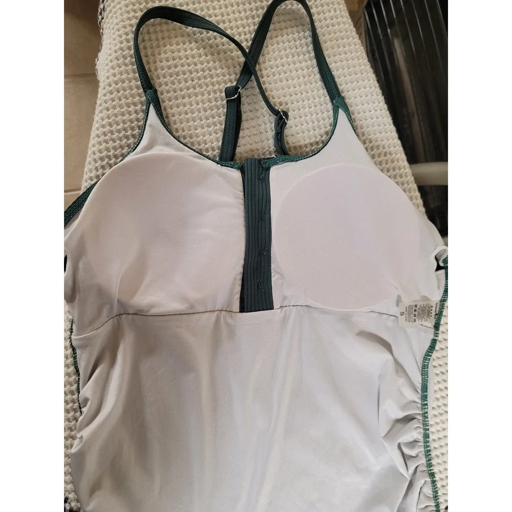 Summer Mae Ribbed 1 Piece Swimsuit Olive Green Buttons Sexy Ruched Side Size S